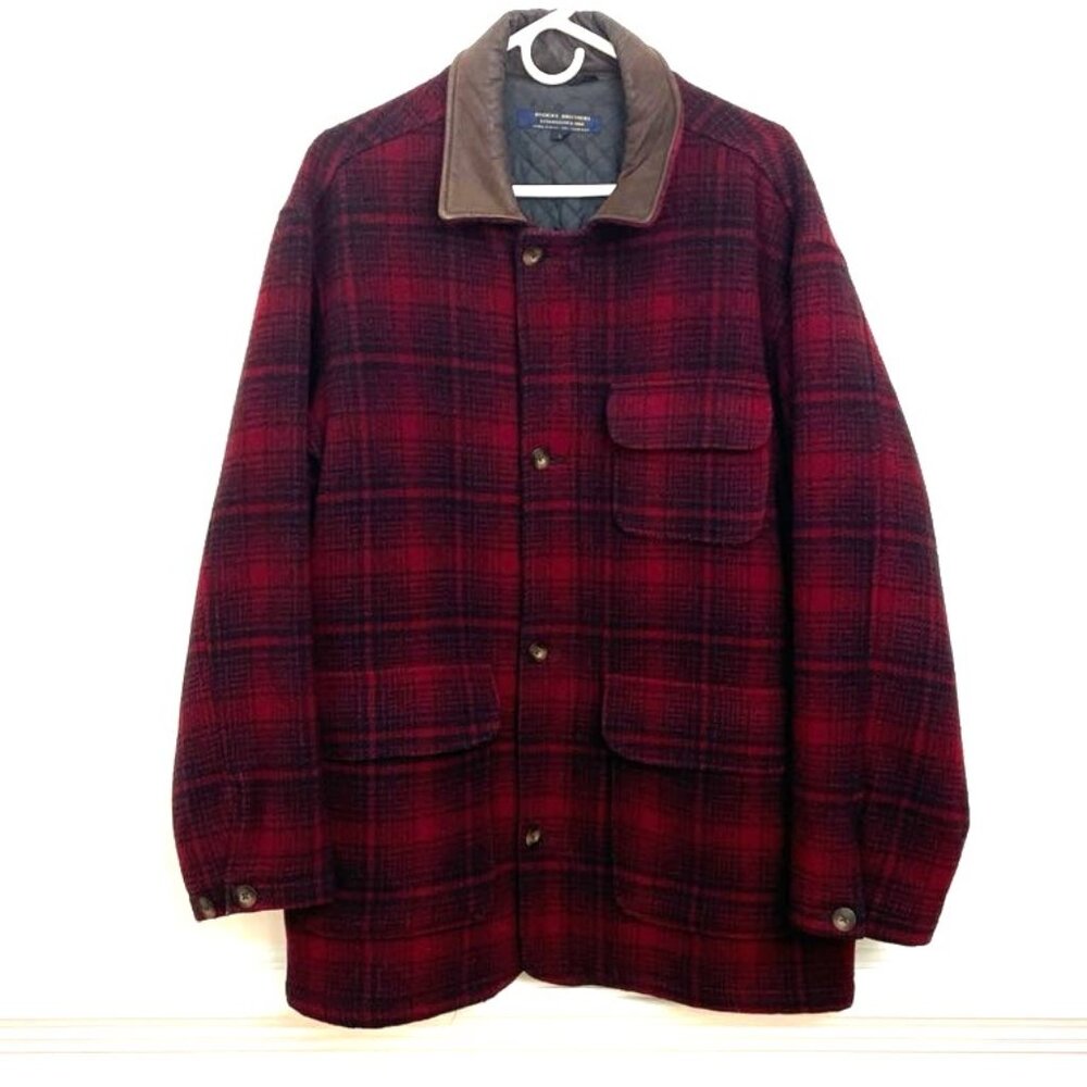 Vtg‎ Brooks Brothers Barn Jacket Red Black Plaid Coat Leather Collar Sz L